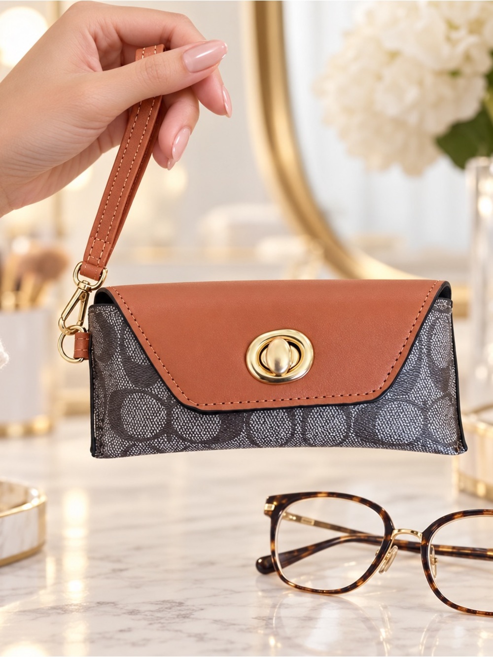Luxe Monogram Eyeglass Case Wristlet | Tan & Gold